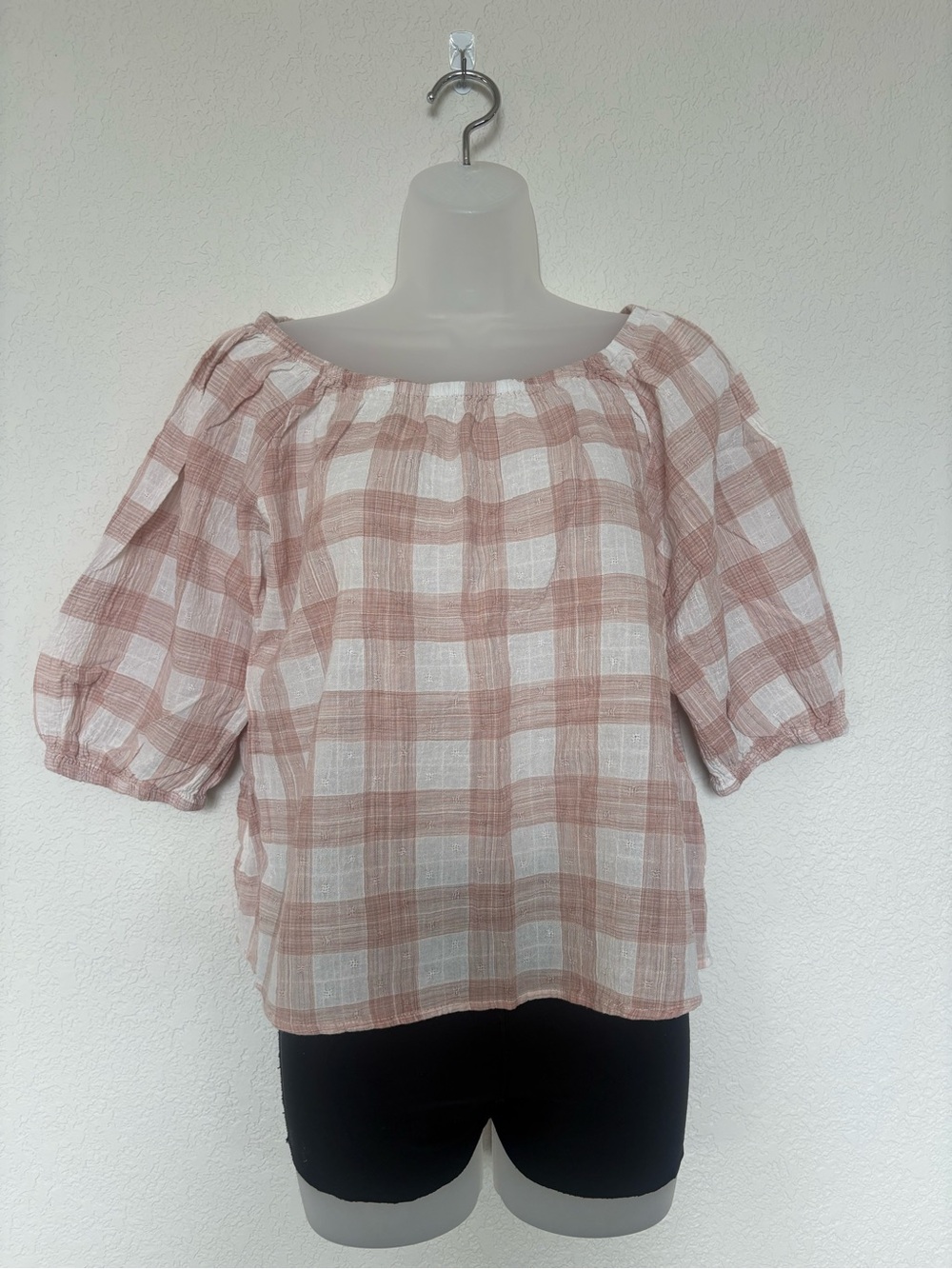 Universal Thread Pink and White Plaid Off-Shoulder Blouse